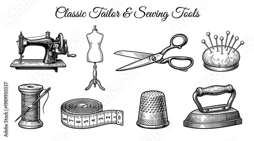Vintage Tailor and Sewing Tools Vector Illustration Set Including Sewing Machine, Scissors, Mannequin and Spool