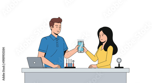 A professional male technician at a service counter hands a repaired smartphone back to a female customer inside a bright and modern electronic repair shop.