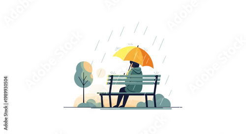 A stylized vector illustration features a person sitting on a bench under a yellow umbrella in the rain, evoking a melancholy mood against a clean white background with minimalist design