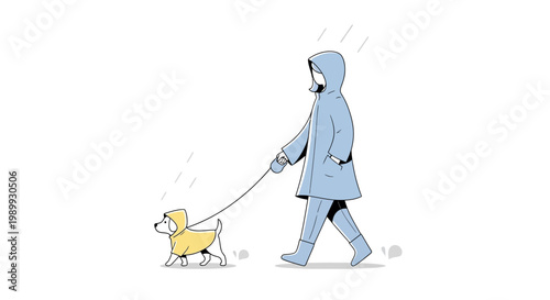 Vector art illustration of a person in a blue raincoat walking a dog in a yellow raincoat during an April rain shower, set against a clean white background, conveying a calm and peaceful