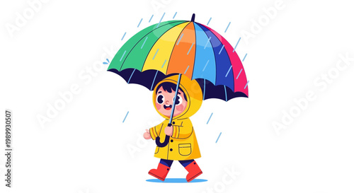 A cheerful cartoon character in a yellow raincoat takes shelter from April showers under a colorful rainbow umbrella, depicted in a cute vector illustration against a clean white