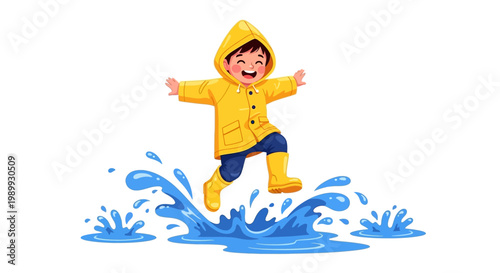 Vector illustration of a joyous child in a yellow raincoat jumping over a puddle, depicted in a cartoon style against a clean white background, conveying a cheerful and carefree mood