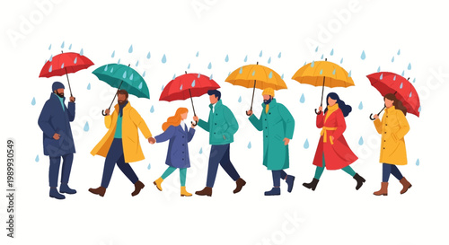 Colorful vector illustration of diverse people walking in the rain under umbrellas, with each character wearing a raincoat and displaying a cheerful mood against a clean white background