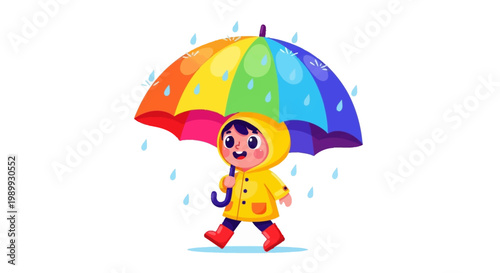 Vector illustration of a cheerful character taking shelter from the April rain under a vibrant rainbow umbrella, wearing a yellow raincoat against a clean white background