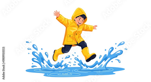 Vector illustration of a cheerful boy in a bright yellow raincoat jumping in a puddle with splashing water, set against a clean white background, conveying a joyful and energetic mood