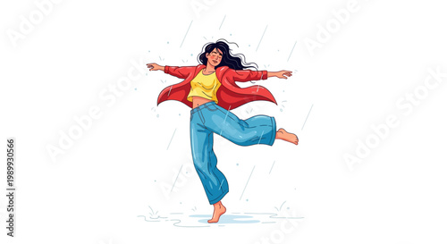 Vector illustration of a cheerful woman dancing barefoot in the rain, wearing a red raincoat and blue pants, arms outstretched in a joyful manner against a clean white background