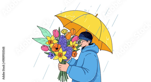 Stylized vector illustration of a person in a blue raincoat holding a colorful bouquet of flowers under a yellow umbrella during a rain shower, set against a clean white background