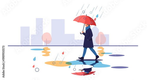 Illustrated vector scene of a character in a raincoat taking shelter under a red umbrella from rain in a puddle-filled urban area, conveying a seasonal mood with a clean and modern design