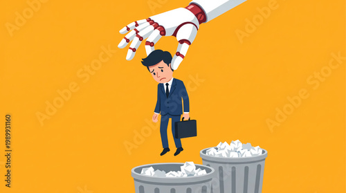 Artificial intelligence replacing human worker, robotic hand controlling employee job loss automation concept illustration
