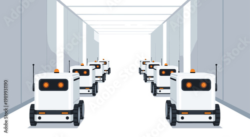 Multiple white square-shaped autonomous delivery robots with glowing orange circular eyes travel down a bright and pristine corridor with clean vertical wall panels.