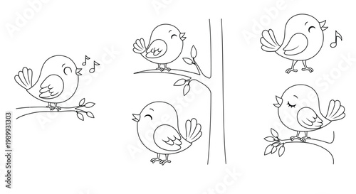 Black and white illustration of singing birds with musical notes and branches