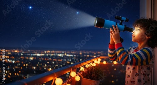 Child Stargazing from Balcony with Toy Telescope