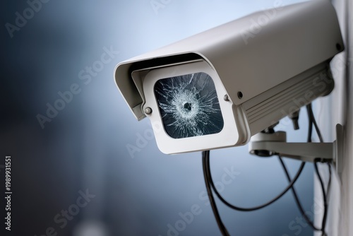 Damaged security camera with a shattered lens, symbolizing broken surveillance and security system failure.