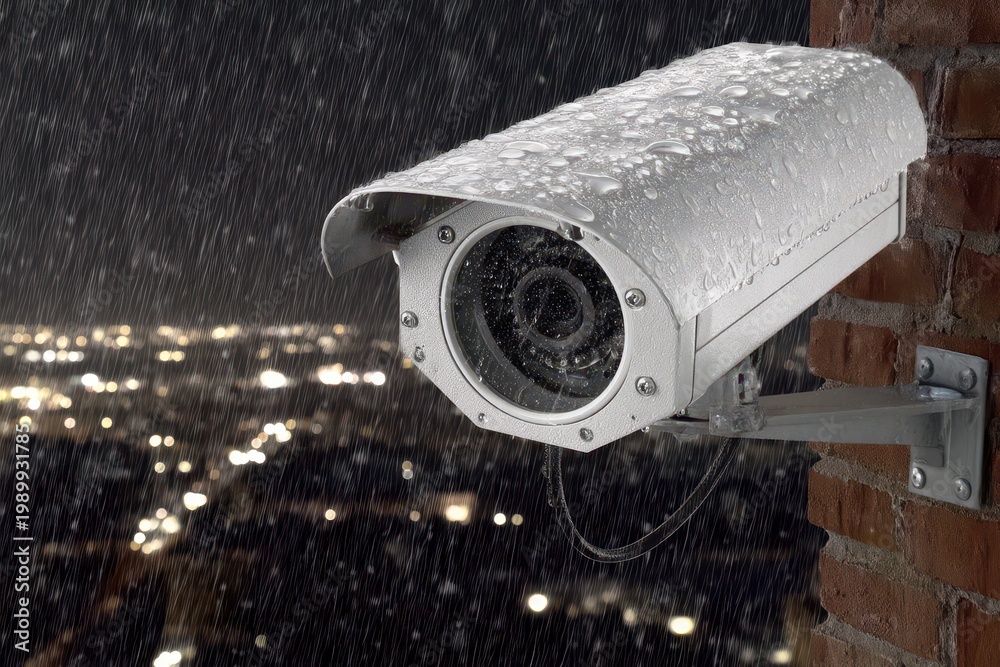 Fototapeta premium Security camera in heavy rain at night overlooking a blurry city lights bokeh background.