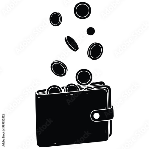 Coins falling into an open wallet representing income, savings, or financial gain vector illustration.