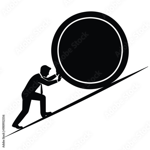 Businessman pushing a large coin up a steep hill illustrating financial struggle and effort vector.