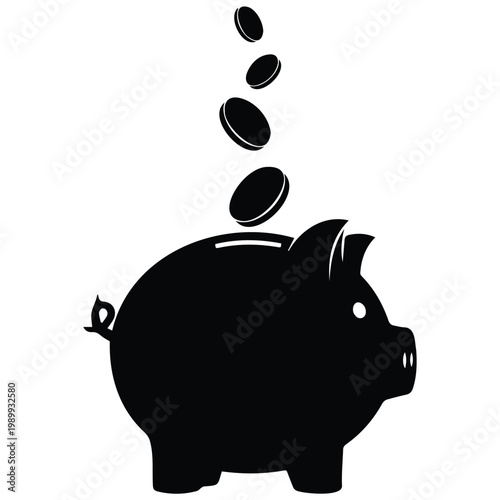 Piggy bank savings concept vector illustration of coins falling into black pig silhouette.