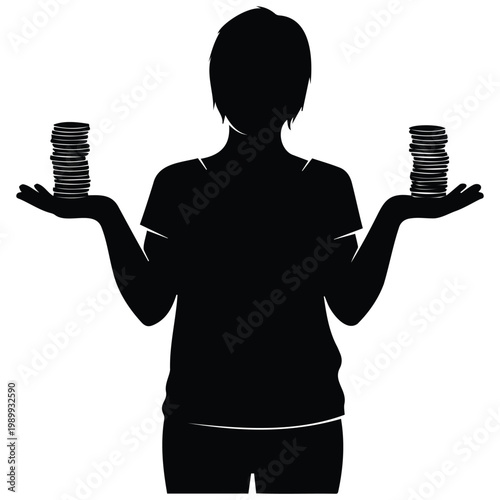 Woman silhouette balancing two stacks of coins in her hands showing a choice or equality illustration.