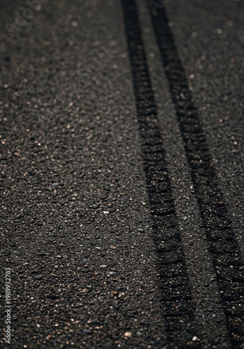 Close up of coarse asphalt road surface showing dark tire skid marks, grit, pebbles, and small road debris scattered across the uneven texture, accident, braking, backdrop