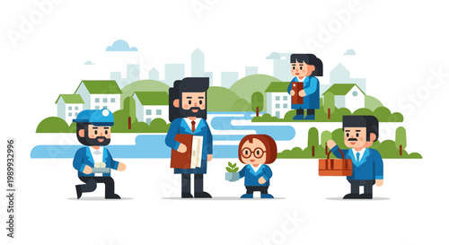 Illustrated characters participate in an Earth Day event, with some planting seeds and others cleaning up the environment, depicted in a simple vector design against a bright background