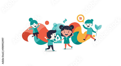 A vibrant vector illustration shows children participating in an Earth Day event, planting seeds and cleaning up the environment, set against a white background with a joyful mood