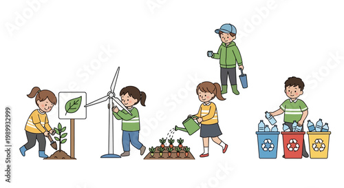 Illustrated characters participate in Earth Day education activities, including planting trees, cleaning up, and protecting the environment, set against a clean white background