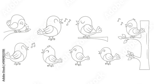A set of eight cartoon birds illustrated in a simple black and white line drawing style