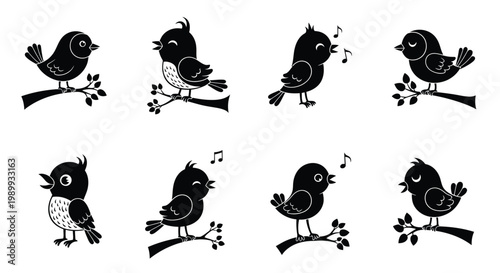 Black and white illustration of a set of cartoon birds on branches