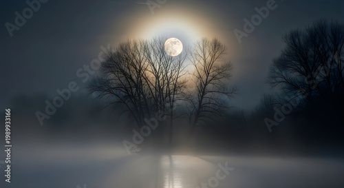 Full moon rising over misty winter lake with bare trees and soft glow at dusk