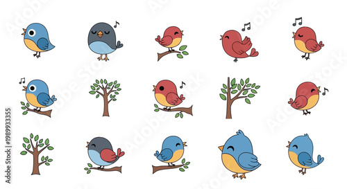 Colorful cartoon birds and branches a set of vector icons for design