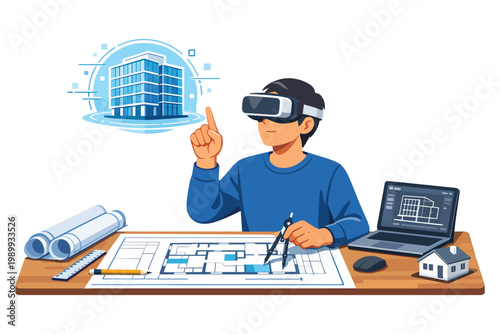 Architect Using Virtual Reality for Building Design and Blueprint Planning at Desk With Laptop
