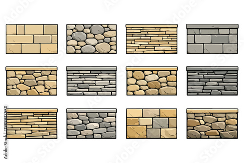 Set of Stylized Stone and Brick Wall Panels Vector Textures for Games and Design