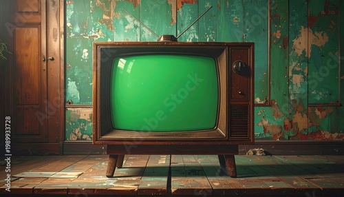 A vintage television with a green screen stands in a rustic room. The worn wood contrasts with the teal wall