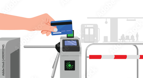 Person uses a bright blue credit card to make a contactless payment at a modern gray subway turnstile with a blurred train station in the background.