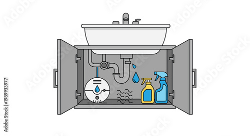 A meticulous flat illustration depicts a leaking plumbing pipe under a bathroom sink where a smart electronic water sensor detects blue moisture droplets.