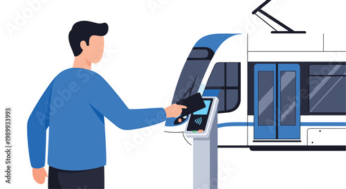 A modern commuter wearing a bright blue sweater taps a contactless card onto a sleek electronic validator station next to a pristine white and blue train.