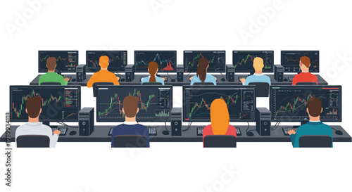 Diverse financial traders sit at long dark desks while analyzing vibrant green and red stock market candlestick patterns on multiple dual monitor setups.