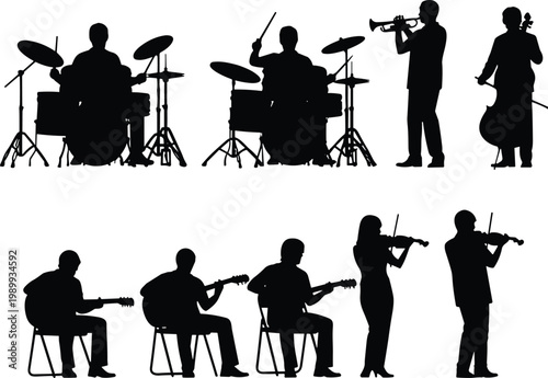 Set of black silhouettes of musicians playing drums, trumpet, cello, guitar, and violin, isolated on white background for creative design.