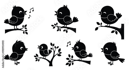 Stylized black silhouettes of birds perched on branches some singing