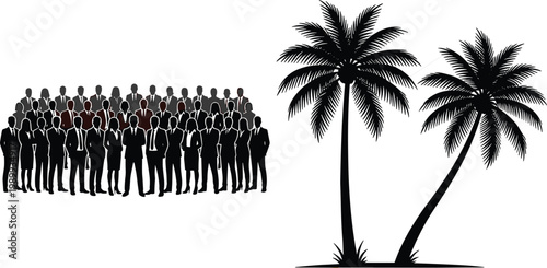 Silhouettes of business people crowd standing near palm trees, professional group meeting on tropical island, corporate retreat and vacation concept, isolated.