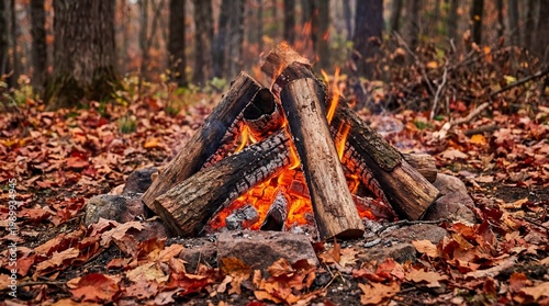 Fotografie A warm and inviting campfire burns brightly amidst a vibrant carpet of fallen au