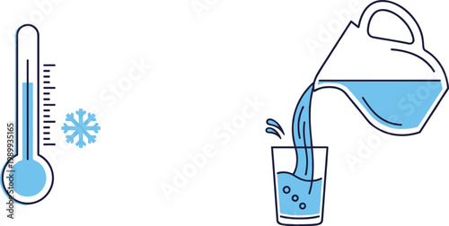 Thermometer icon showing cold temperature with snowflake and water pouring from a pitcher into a glass, refreshing cold drink concept, isolated.