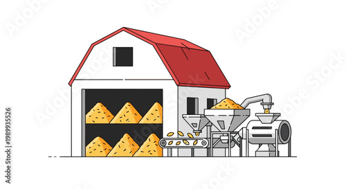 A functional white barn with a red roof stores golden grain piles beside an active conveyor belt and industrial milling machinery on a white background.