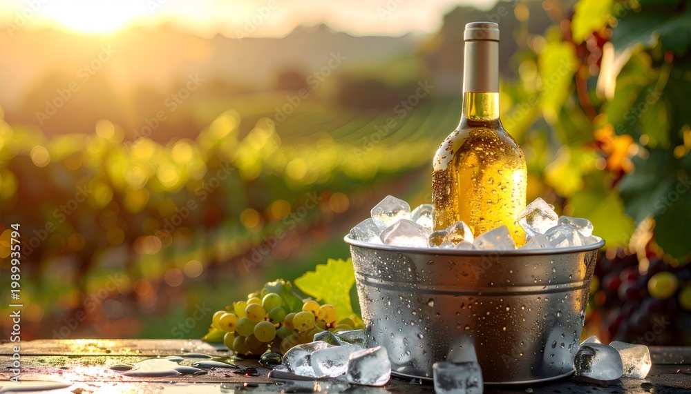 Fototapeta premium White wine bottle chilling with grapes in sunny vineyard