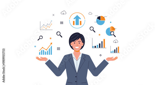 A confident smiling businesswoman in a professional blue suit manages various floating financial charts and analytical icons against a white background.