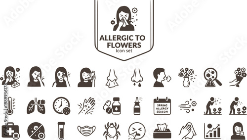 Allergic to Flowers Icon Set Unhealthy Woman Sneeze Feeling Allergy Symptoms Pollen Allergy Hay Fever Seasonal Allergies Vector Illustration