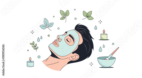 A relaxed man wearing a light blue facial mask reclines peacefully surrounded by floating green leaves water droplets glowing candles and a spa bowl.