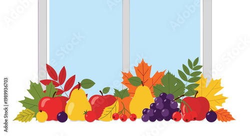 A bountiful harvest of ripe red apples and yellow pears sits alongside purple grapes and colorful autumn leaves against a soft blue window view.