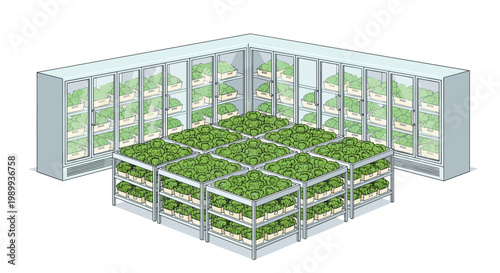 A vast and modern indoor vertical farm displays numerous rows of vibrant green lettuce growing within glass cabinets and on organized tiered metal tables.
