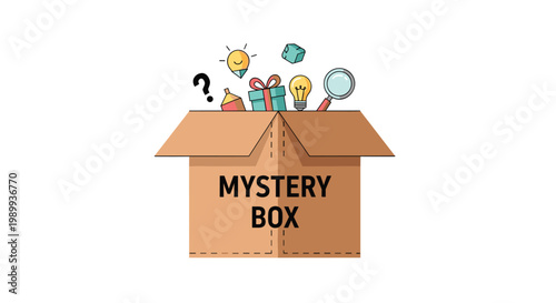 A rustic brown cardboard mystery box overflows with colorful icons including a glowing lightbulb and a teal gift against a white background with soft shadows.